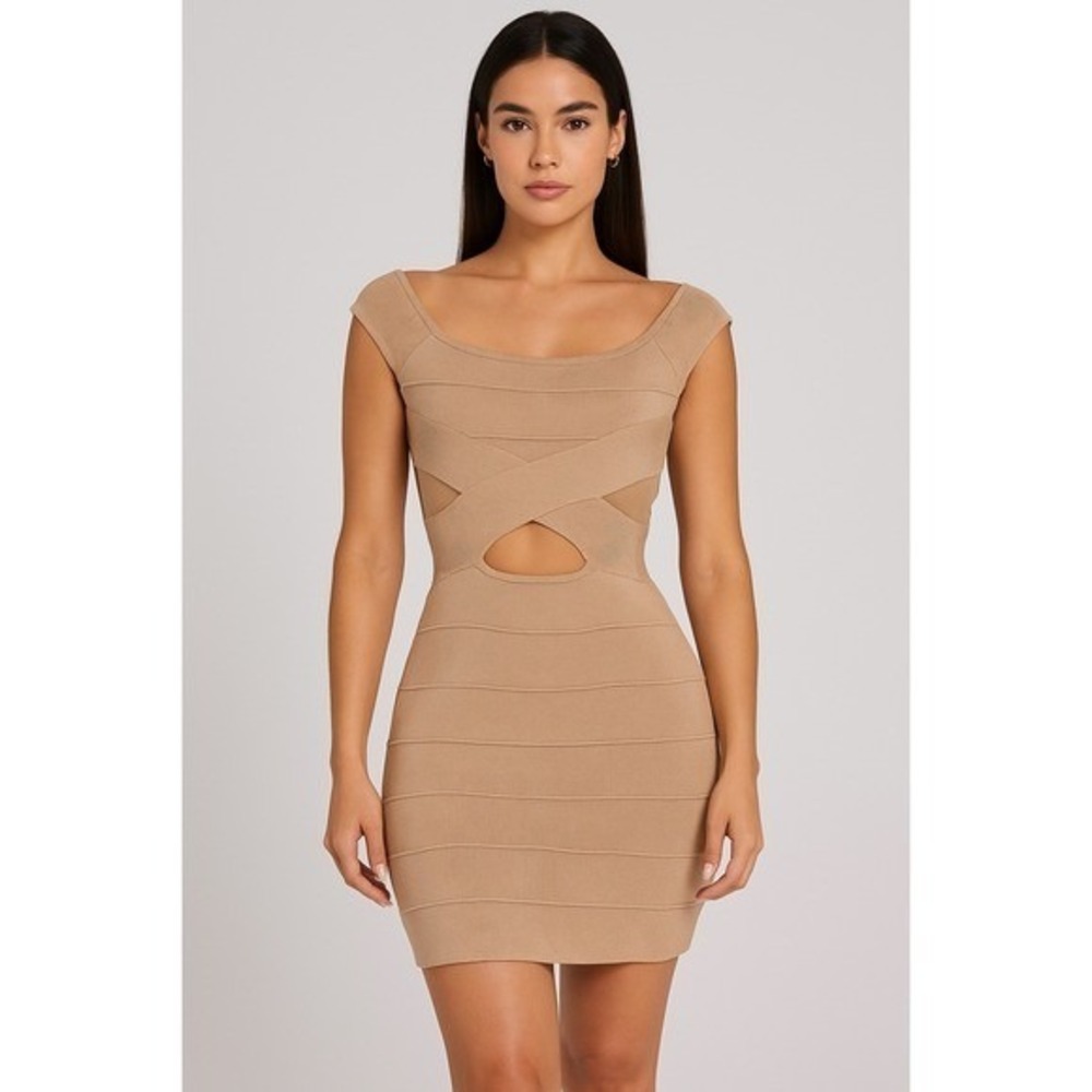 Kardashians Bebe Bandage Mini Dress Cut Out Bodycon Sleeveless Nude XS